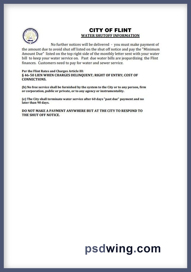 USA City of Flint Michigan Water Utility Bill Shutoff Notice Version 2